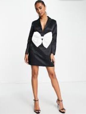 Band Of Stars premium contrast organza bow satin mini dress in white and black